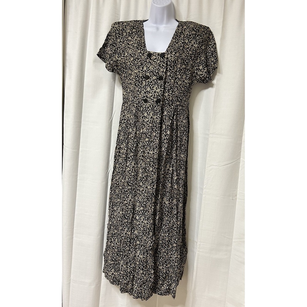 Vintage All That Jazz Dress Womens Black Floral Midi Fit & Flare 90s Y2K Grunge